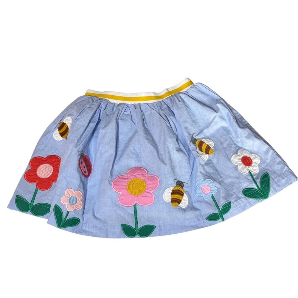 Mini Boden Skirt Girls 8-9Y Blue Floral Bee Applique Garden Party Cottagecore